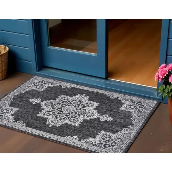 Dark Gray And Cream Medallion Indoor Outdoor Area Rug Photo 1