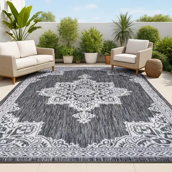 Dark Gray And Cream Medallion Indoor Outdoor Area Rug Photo 4