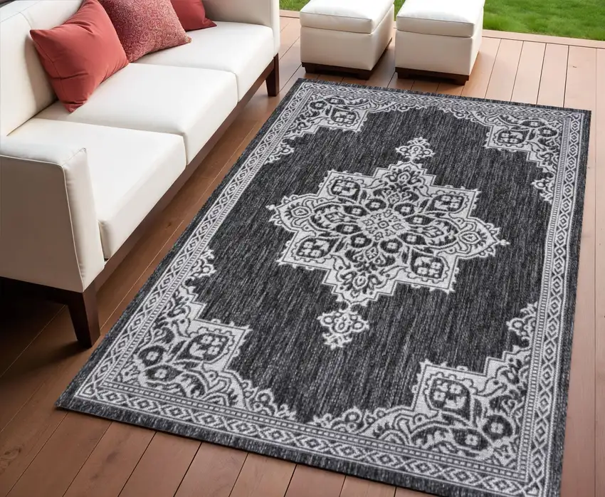 Dark Gray And Cream Medallion Indoor Outdoor Area Rug Photo 1