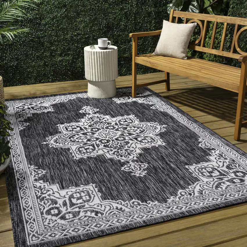 Dark Gray And Cream Medallion Indoor Outdoor Area Rug Photo 8