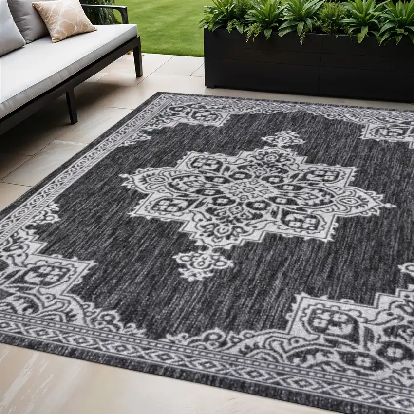Dark Gray And Cream Medallion Indoor Outdoor Area Rug Photo 1
