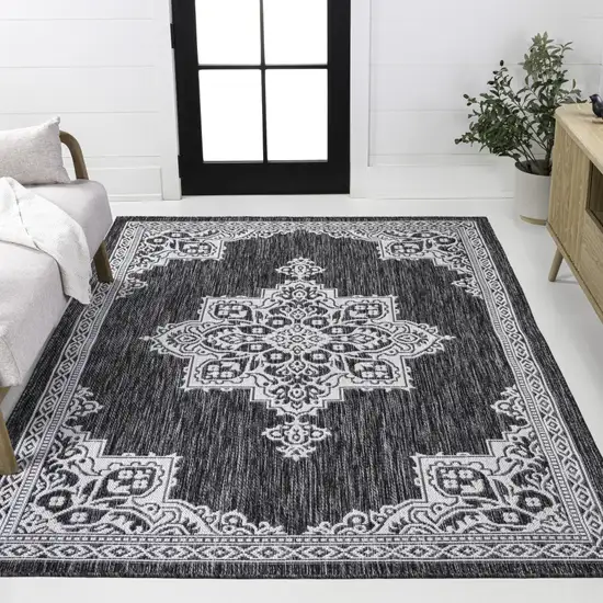 Dark Gray And Cream Medallion Indoor Outdoor Area Rug Photo 5