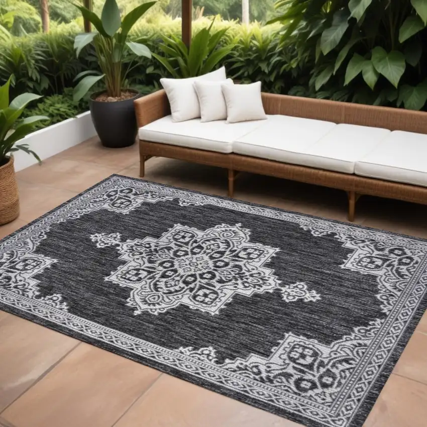 Dark Gray And Cream Medallion Indoor Outdoor Area Rug Photo 1