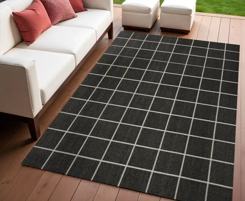 Dark Gray And Cream Plaid Indoor Outdoor Area Rug Photo 1
