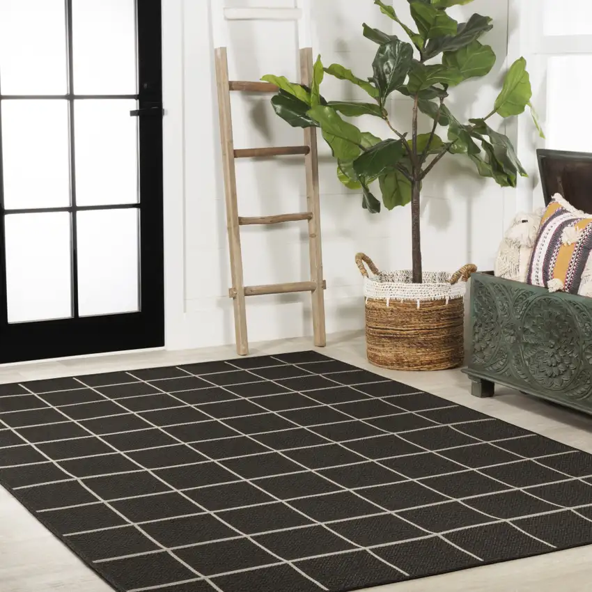 Dark Gray And Cream Plaid Indoor Outdoor Area Rug Photo 9