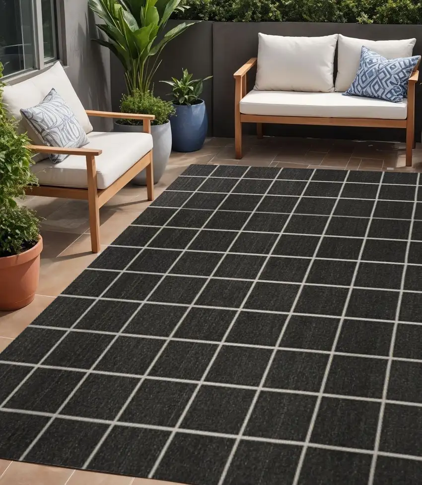 Dark Gray And Cream Plaid Indoor Outdoor Area Rug Photo 1