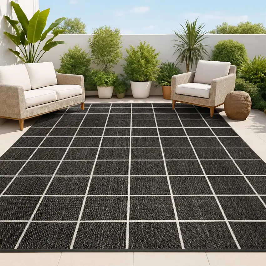 Dark Gray And Cream Plaid Indoor Outdoor Area Rug Photo 6