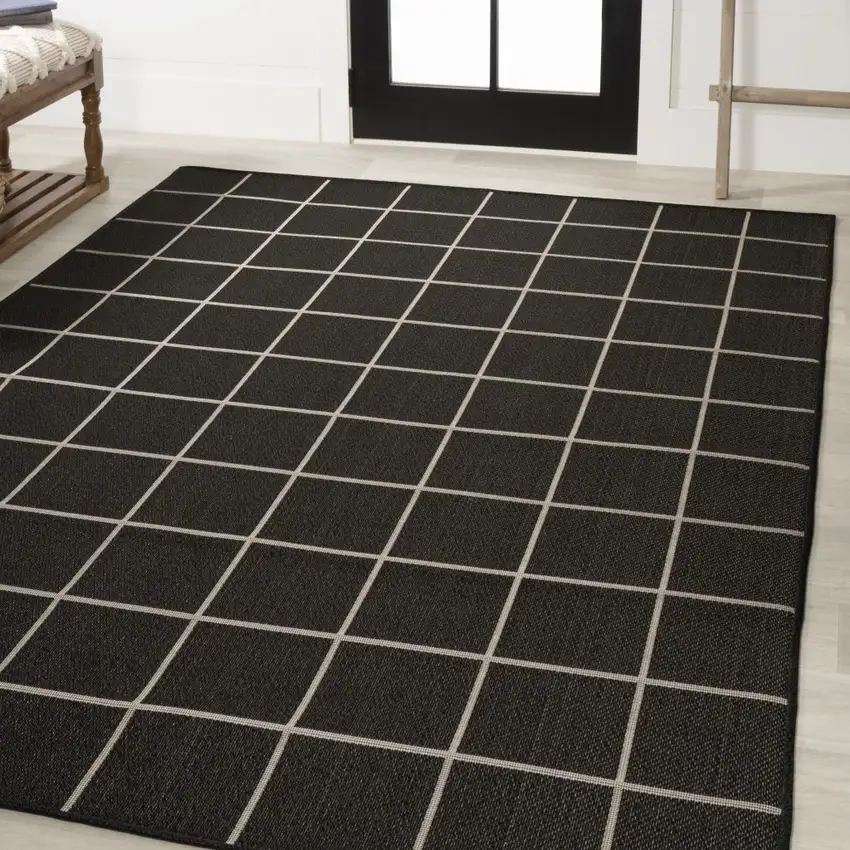Dark Gray And Cream Plaid Indoor Outdoor Area Rug Photo 7