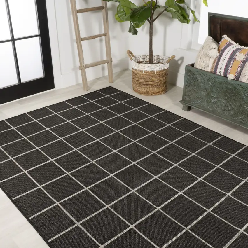 Dark Gray And Cream Plaid Indoor Outdoor Area Rug Photo 9