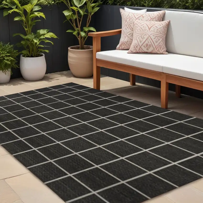 Dark Gray And Cream Plaid Indoor Outdoor Area Rug Photo 1