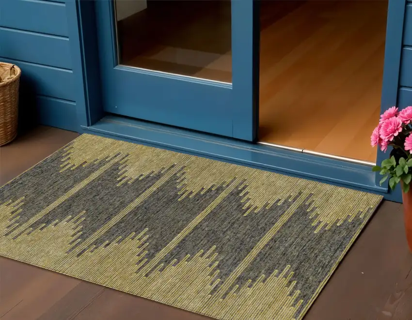 Dark Gray And Gold Abstract Washable Indoor Outdoor Area Rug Photo 1