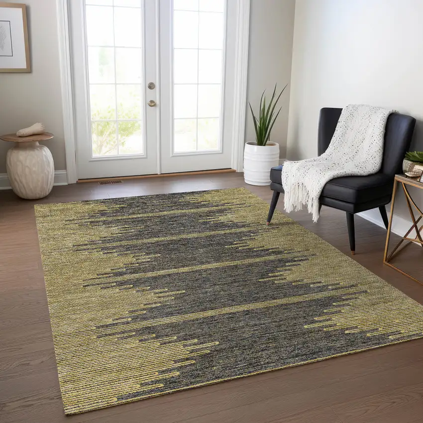 Dark Gray And Gold Abstract Washable Indoor Outdoor Area Rug Photo 9