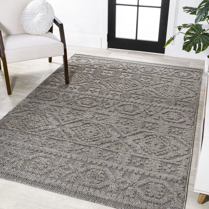 Dark Gray And Ivory Moroccan Indoor Outdoor Area Rug Photo 4