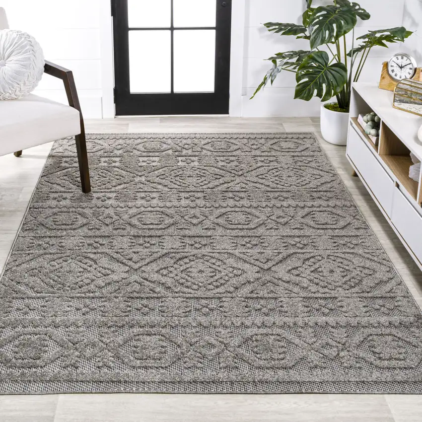 Dark Gray And Ivory Moroccan Indoor Outdoor Area Rug Photo 6