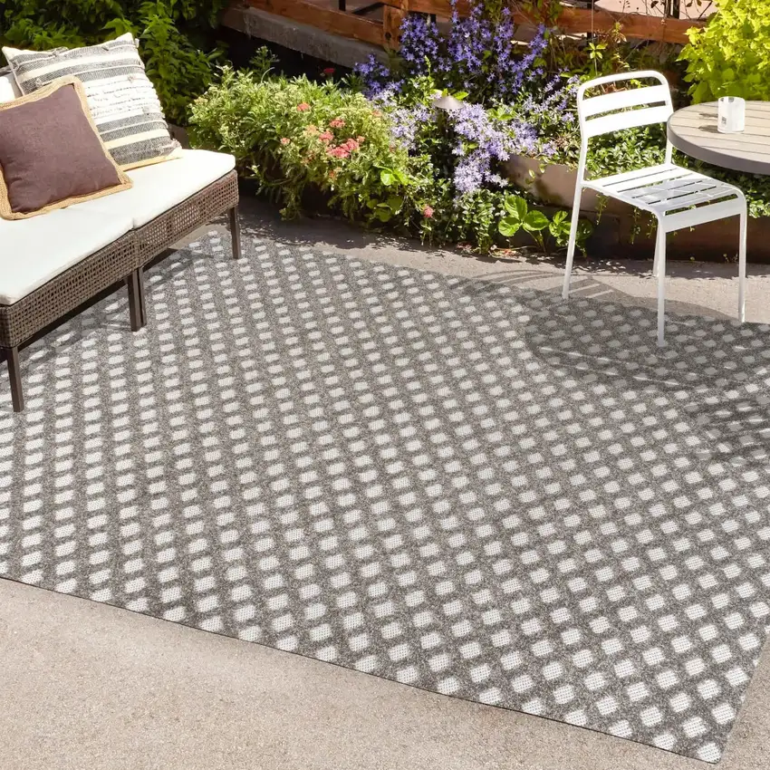 Dark Gray And Ivory Trellis Indoor Outdoor Area Rug Photo 9