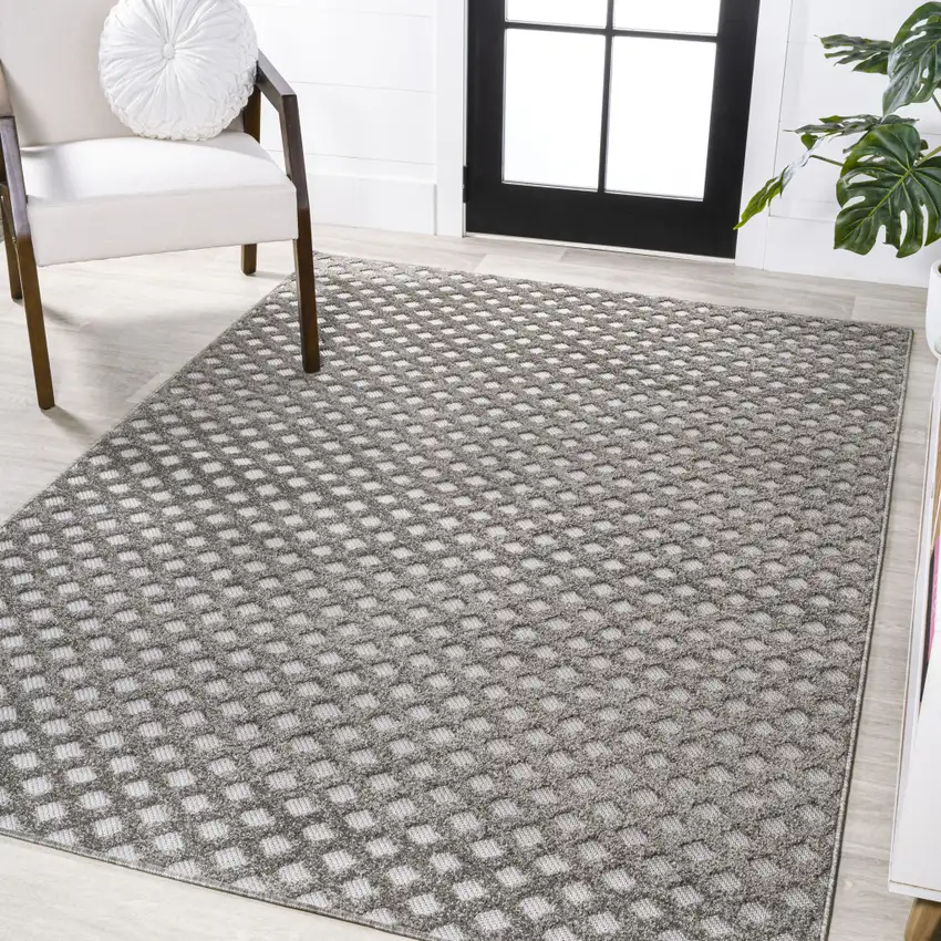 Dark Gray And Ivory Trellis Indoor Outdoor Area Rug Photo 5