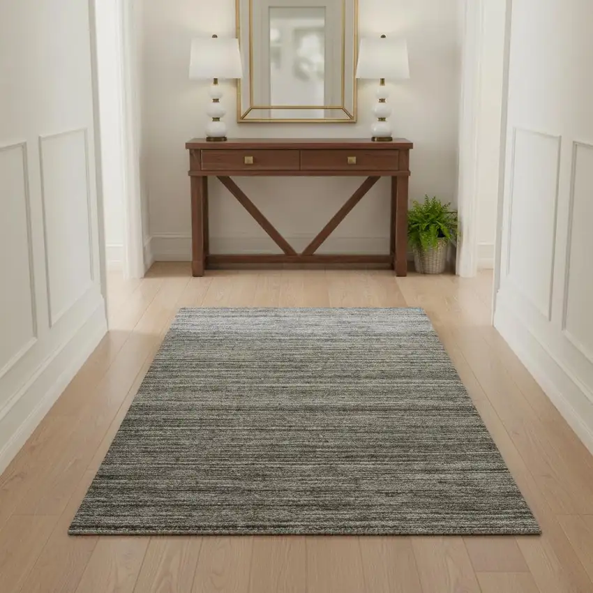 Dark Gray And Ivory Wool Striped Hand Woven Area Rug Photo 1