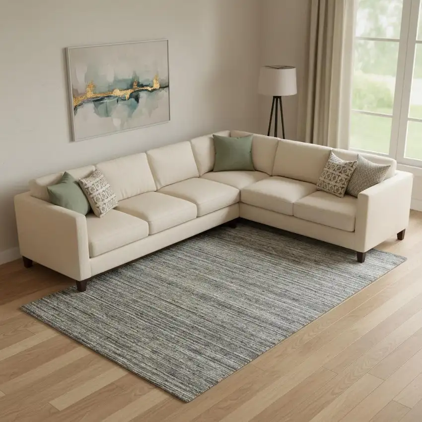 Dark Gray And Ivory Wool Striped Hand Woven Area Rug Photo 1