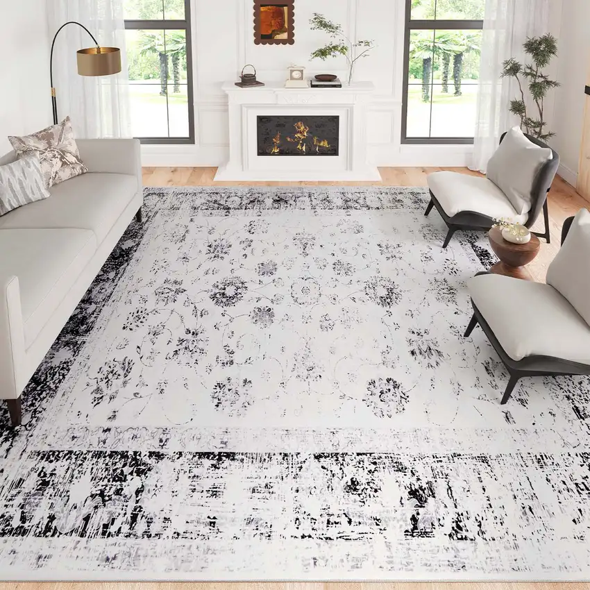 Dark Gray And Light Gray Oriental Distressed Washable Area Rug Photo 3