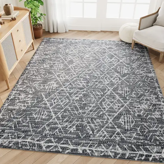 Dark Gray And Off White Tribal Distressed Area Rug Photo 5