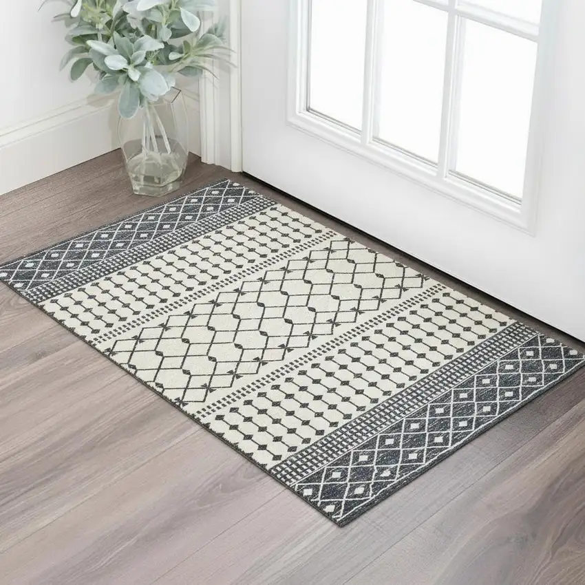 Dark Gray And White Geometric Distressed Washable Area Rug Photo 1