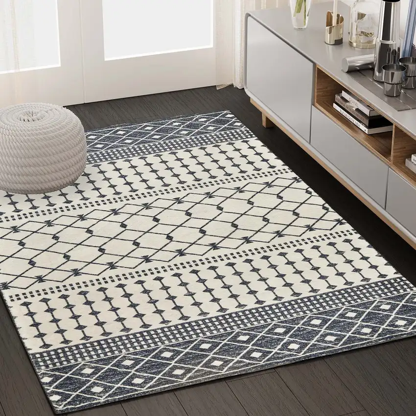 Dark Gray And White Geometric Distressed Washable Area Rug Photo 4