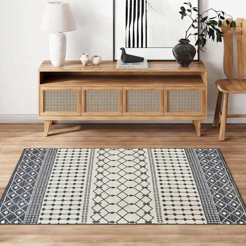 Dark Gray And White Geometric Distressed Washable Area Rug Photo 5
