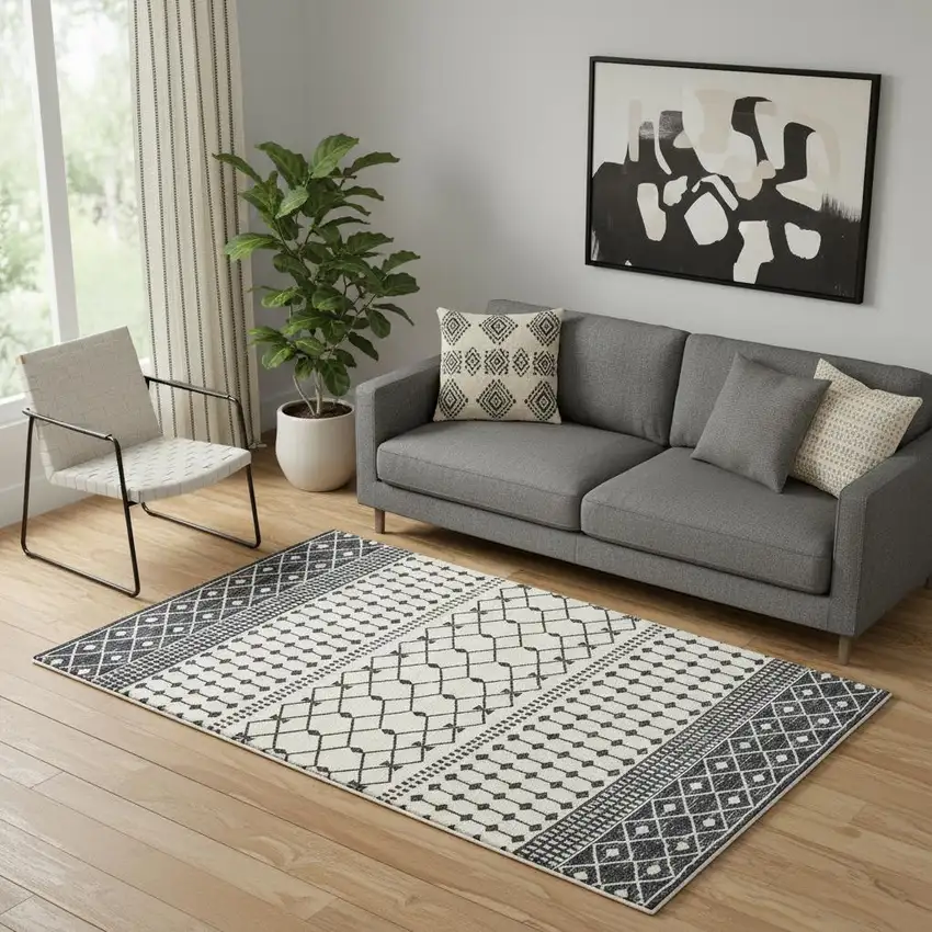 Dark Gray And White Geometric Distressed Washable Area Rug Photo 1