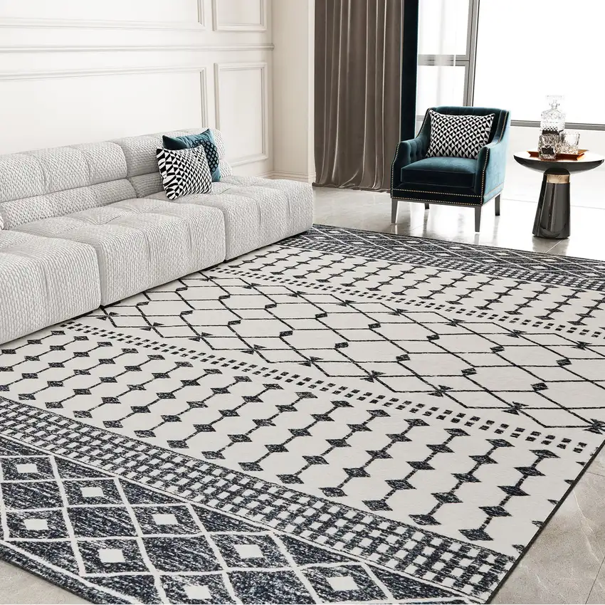Dark Gray And White Geometric Distressed Washable Area Rug Photo 4