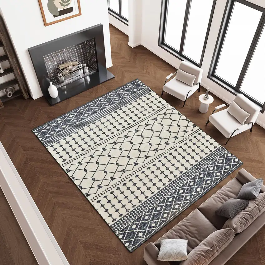 Dark Gray And White Geometric Distressed Washable Area Rug Photo 4