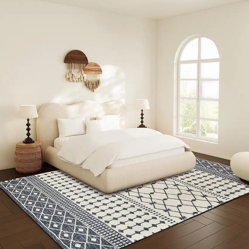 Dark Gray And White Geometric Distressed Washable Area Rug Photo 5