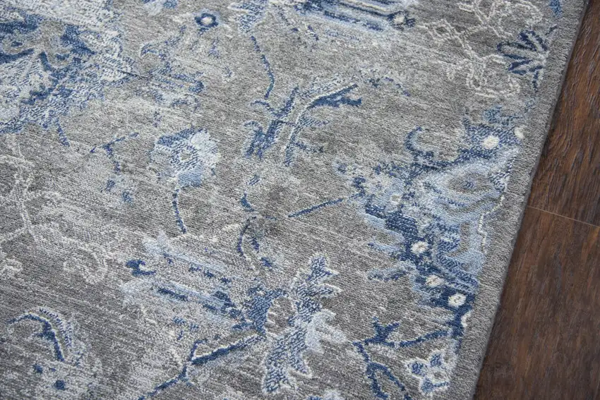 Dark Gray Blue And Light Gray New Zealand Lambs Wool Floral Hand Carved Handmade Area Rug Photo 3