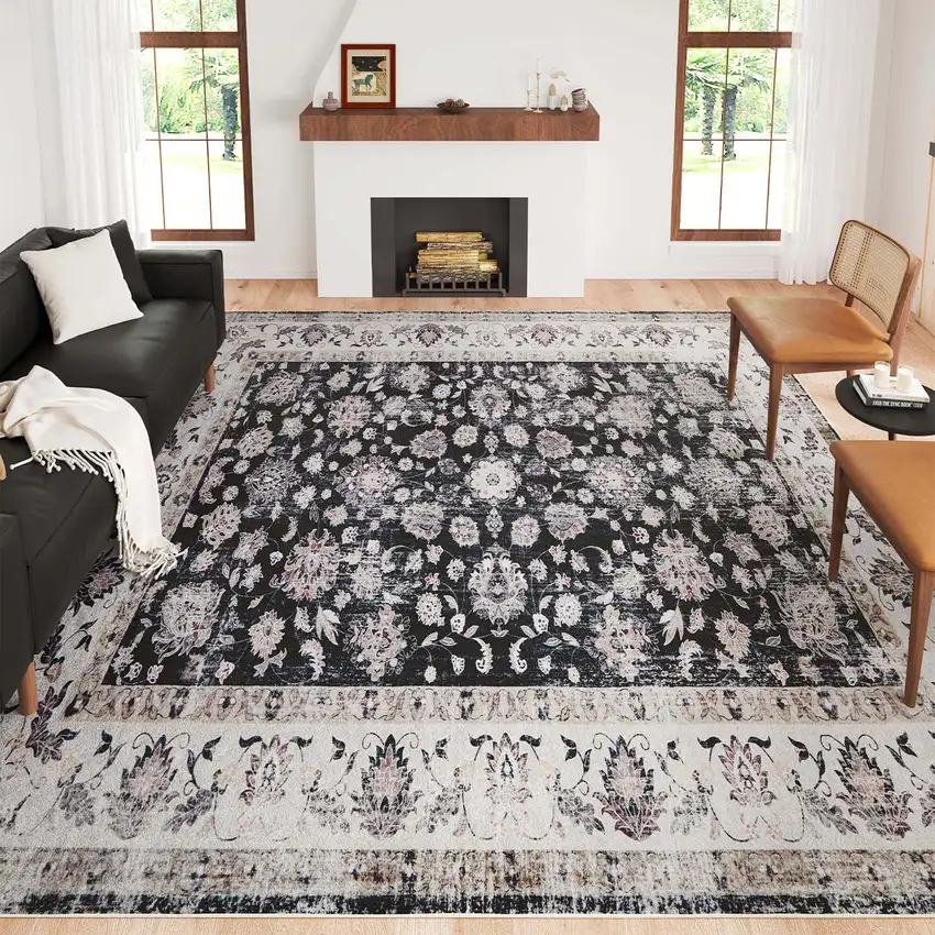 Dark Gray Light Gray And Ivory Oriental Distressed Washable Area Rug Photo 3