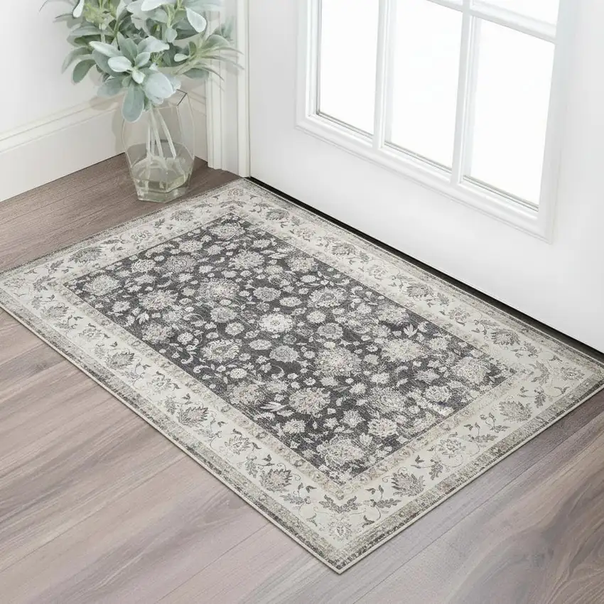 Dark Gray Light Gray And Ivory Oriental Distressed Washable Area Rug Photo 1