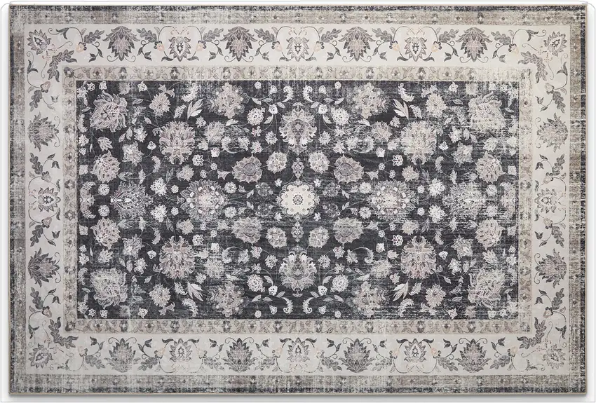 Dark Gray Light Gray And Ivory Oriental Distressed Washable Area Rug Photo 2
