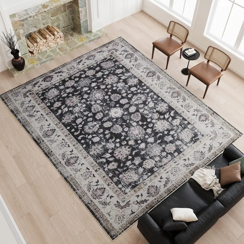 Dark Gray Light Gray And Ivory Oriental Distressed Washable Area Rug Photo 8