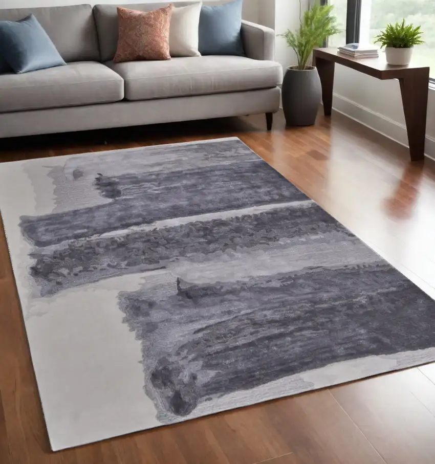 Dark Gray and Ivory Abstract Hand Tufted Area Rug Photo 2
