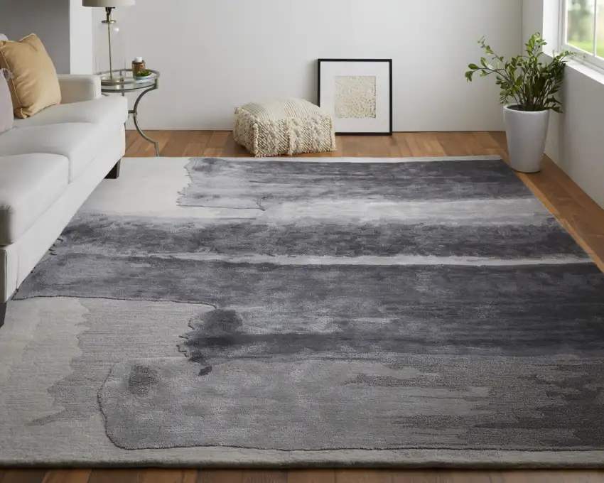 Dark Gray and Ivory Abstract Hand Tufted Area Rug Photo 8