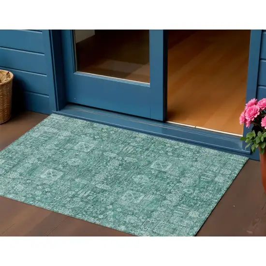 Dark Green And Aqua Oriental Washable Indoor Outdoor Area Rug Photo 1