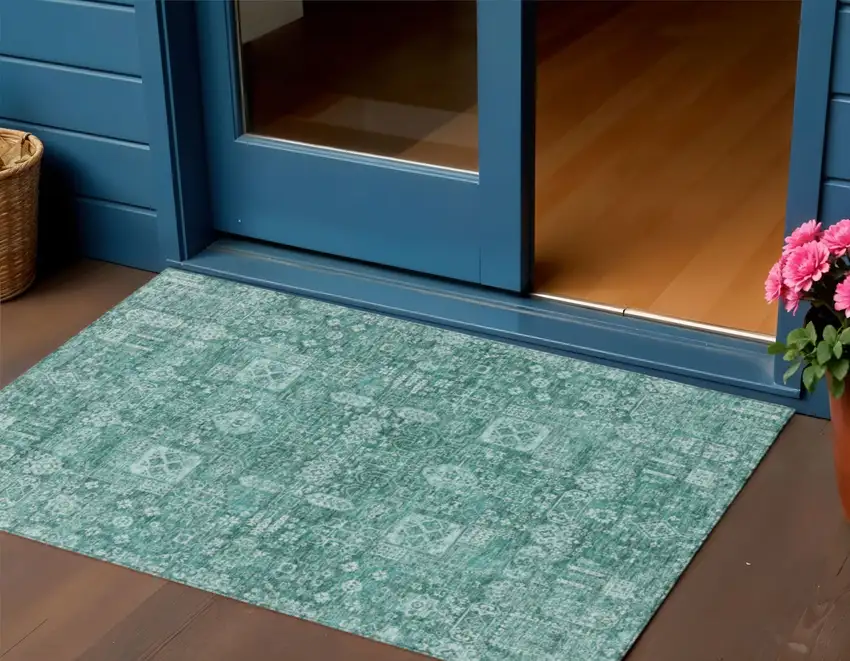 Dark Green And Aqua Oriental Washable Indoor Outdoor Area Rug Photo 1