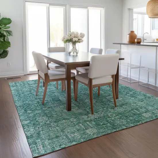 Dark Green And Aqua Oriental Washable Indoor Outdoor Area Rug Photo 9