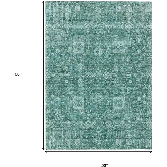 Dark Green And Aqua Oriental Washable Indoor Outdoor Area Rug Photo 3