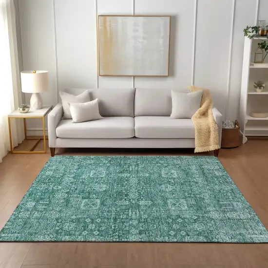 Dark Green And Aqua Oriental Washable Indoor Outdoor Area Rug Photo 8