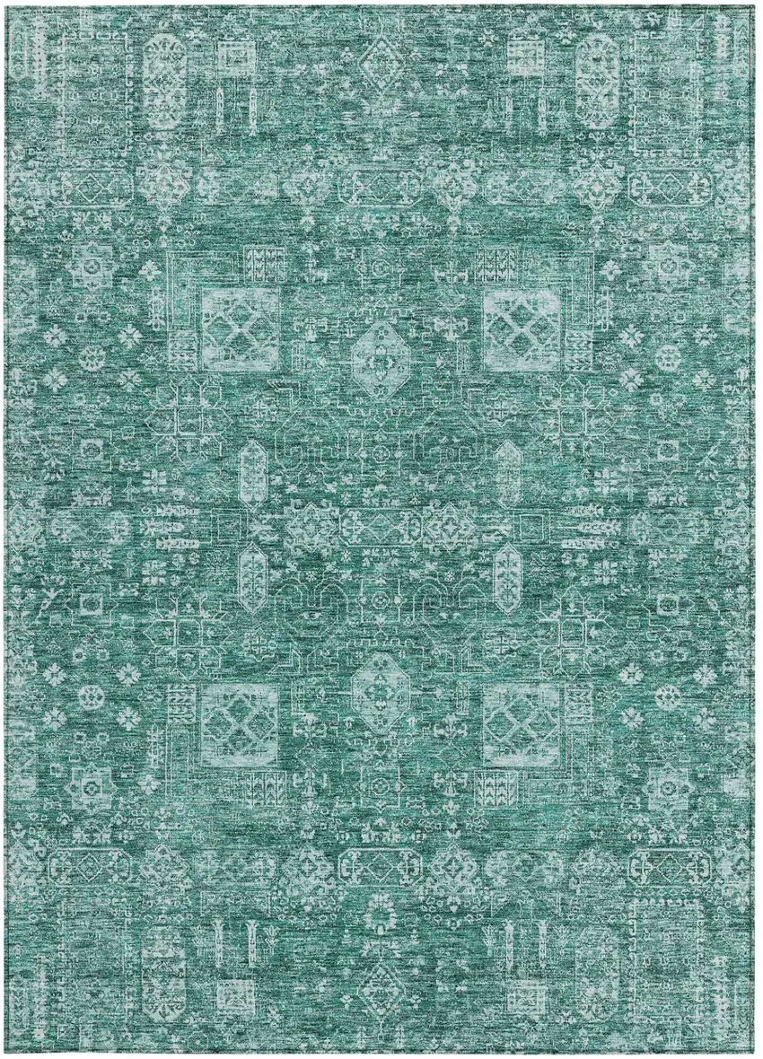 Dark Green And Aqua Oriental Washable Indoor Outdoor Area Rug Photo 7