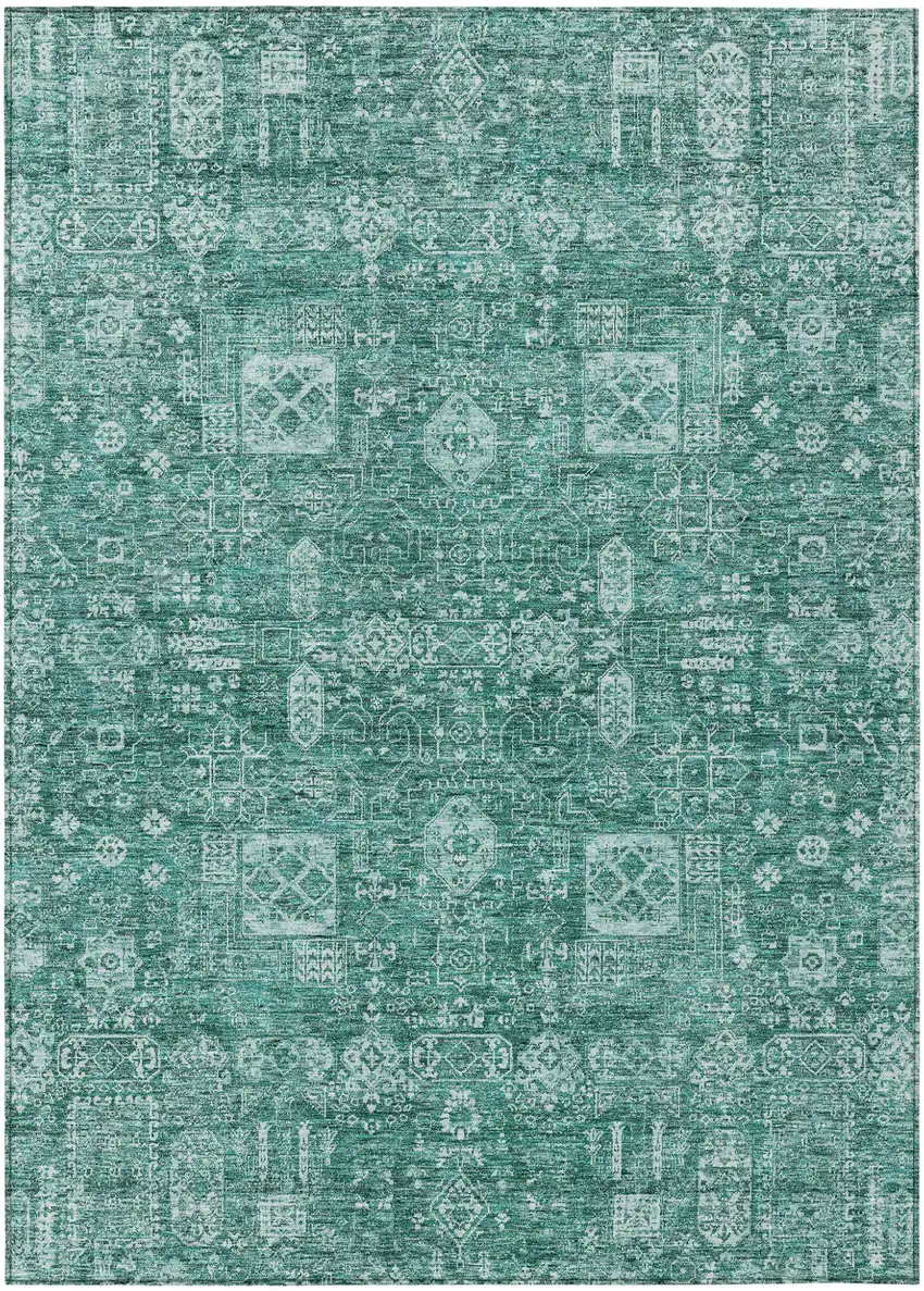 Dark Green And Aqua Oriental Washable Indoor Outdoor Area Rug Photo 2