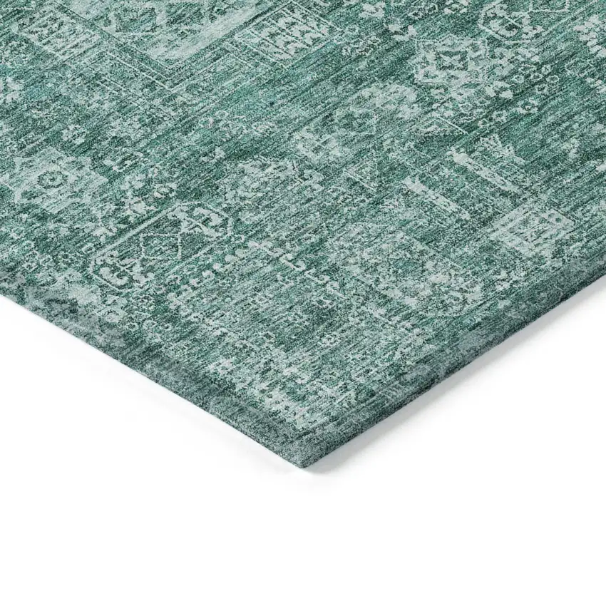 Dark Green And Aqua Oriental Washable Indoor Outdoor Area Rug Photo 5