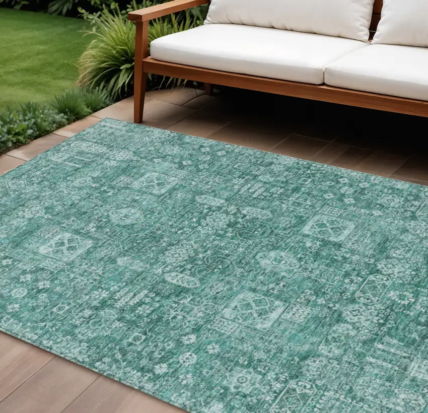 Dark Green And Aqua Oriental Washable Indoor Outdoor Area Rug Photo 1