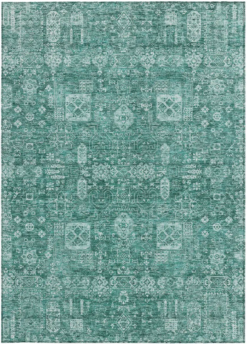 Dark Green And Aqua Oriental Washable Indoor Outdoor Area Rug Photo 7