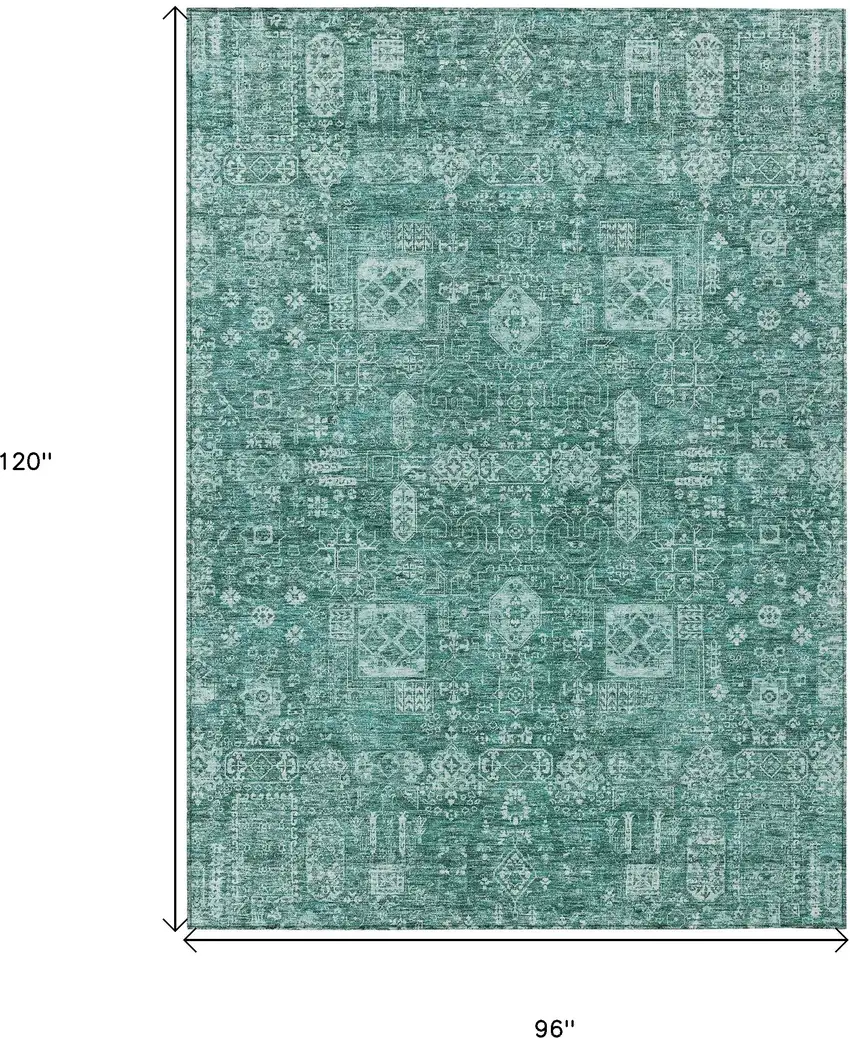 Dark Green And Aqua Oriental Washable Indoor Outdoor Area Rug Photo 3