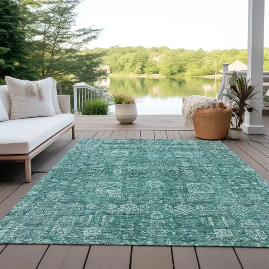 Dark Green And Aqua Oriental Washable Indoor Outdoor Area Rug Photo 9